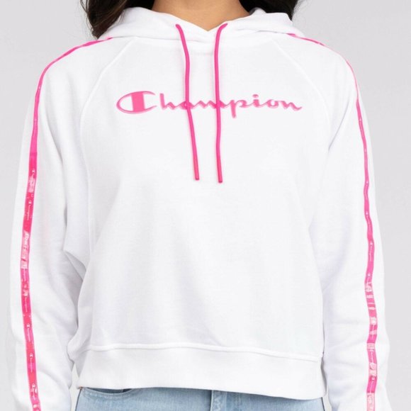 CHAMPION White Pink Stripe Tape Winter Cropped Hoodie Sweater Jumper - Picture 6 of 10
